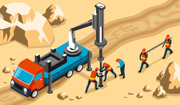 drilling-workers-engineers-operating-truck-mounted-rig-heavy-machinery-drill-into-rock-isometric-composition_1284-58878